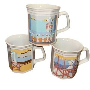 Set Of 3 Vintage Coastal Themed Porcelain Mugs